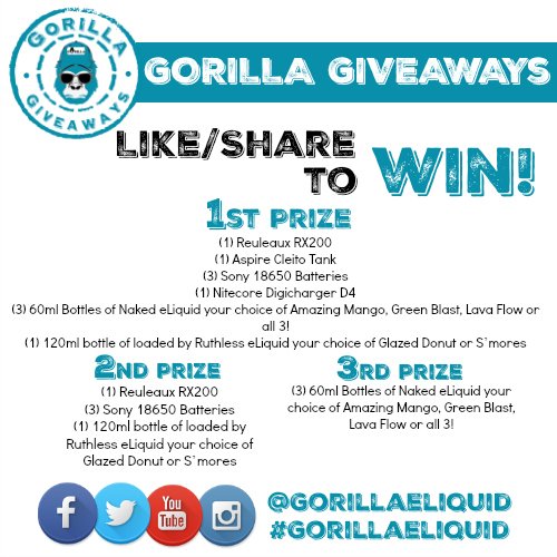 GorillaeLiquid's tweet photo. Like, Follow and Share this AMAZING GIVEAWAY from @gorillaeliquid #gorillaeliquid #vape https://t.co/Gi44Bf0Sou https://t.co/WkTqWtVQCN