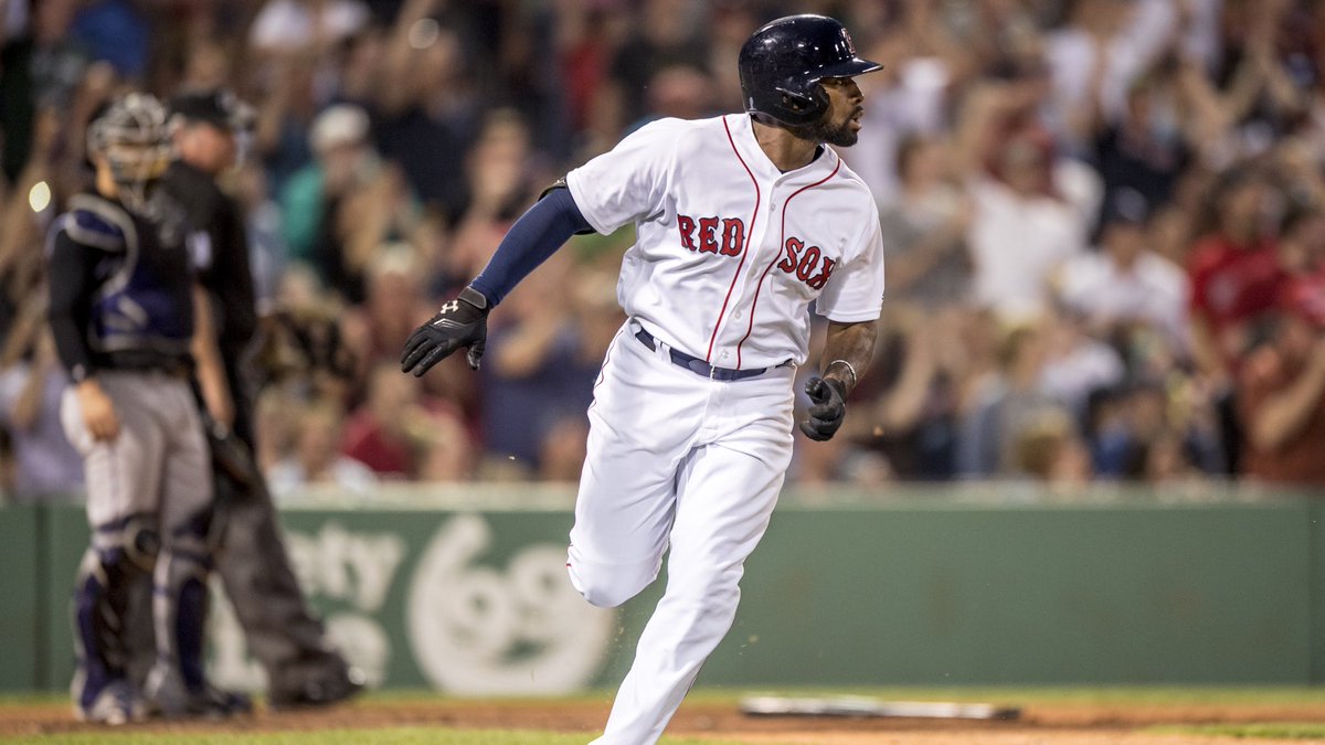 RedSox's tweet photo. He just won't stop! @JackieBradleyJr with a double off the Monster for his second hit of the night! ✌️ https://t.co/qO5LnGnX76