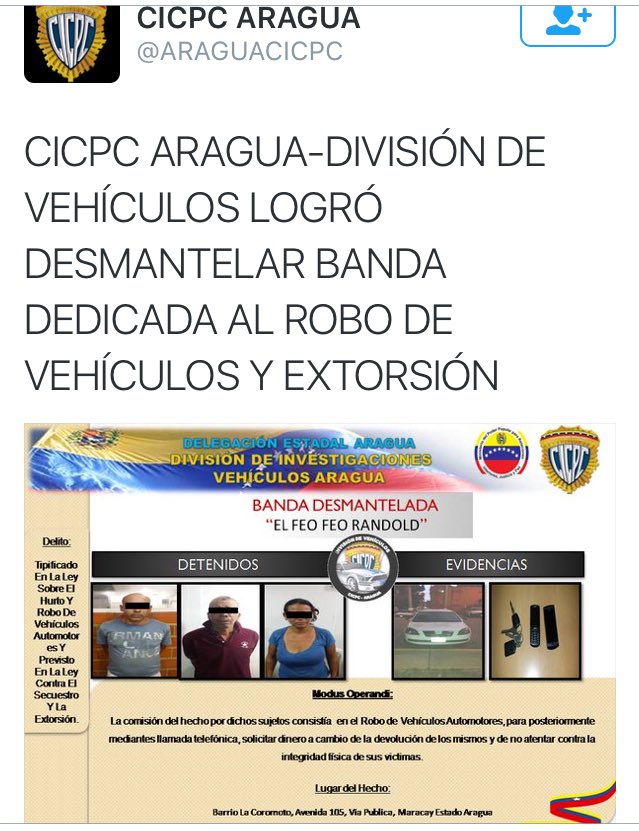 DouglasRicoVzla's tweet photo. El #Cicpc Aragua, realizó varios procedimientos positivos. Banda Desmantelada + Aprehendidos y Vehc. Recuperados. https://t.co/hnObLE3uPF