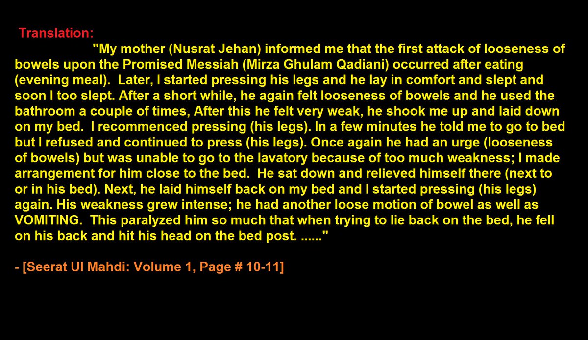 ExAhmadi's tweet photo. #OnThisDay 26 May 1908, #Ahmadiyya founder Mirza Ghulam Qadiani Died.

This is how he died according to his wife: https://t.co/5eyQgG208A