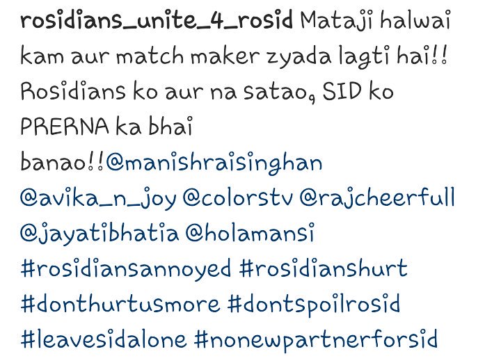 rosidian_rosid's tweet photo. @manishmischief @avika_n_joy @rajcheerfull @jayatibhatia7 @mansi21forever @ColorsTV #leavesidalone #nonewpartner4sid https://t.co/bKBpvKHzZL
