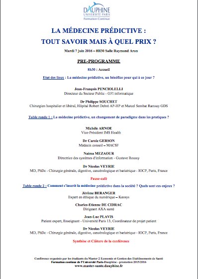 MedecinePredict's tweet photo. #Colloque #MédecinePredictive #Santé #Data Voici le pré-programme! Alors inscrivez-vous ici https://t.co/xge470eb0n https://t.co/8uOWu3Rt0R