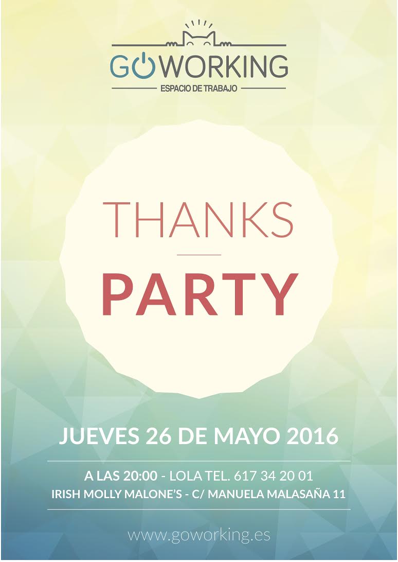 GOworkingMAD's tweet photo. ESTA NOCHE #FIESTA ! HABRÁ PICOTEO. #CELEBRACION #THANKYOU #COWORKERS #COWORKING #NEWLIFE https://t.co/j2TACQyXZw