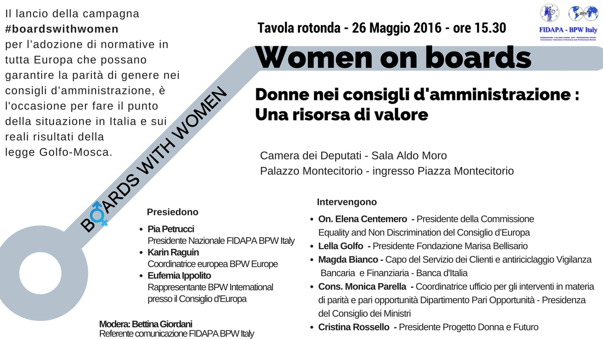 FidapaBPWItaly's tweet photo. Confronto sul tema : #Donne nei consigli d'amministrazione. Impatto legge #Madia?e la legge Golfo-Mosca ? https://t.co/zDqzi39DaG