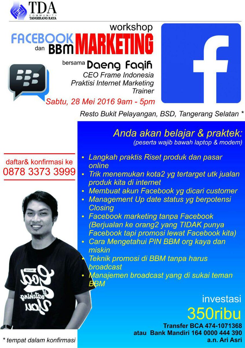 #1DekadeTDA #EventWilayah <a href="/TDATangerang/">TDA Tangerang Raya</a> : 28 Mei 2016 Workshop Facebook &amp; BBM Marketing 
tangandiatas.com/28-mei-2016-wo…
