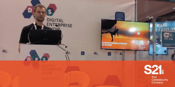 S21sec's tweet image. Ahora en #DES2016, JR. Aramendía, Product Marketing Manager hablando de 'Lookwise Compliance Manager for PCI-DSS'