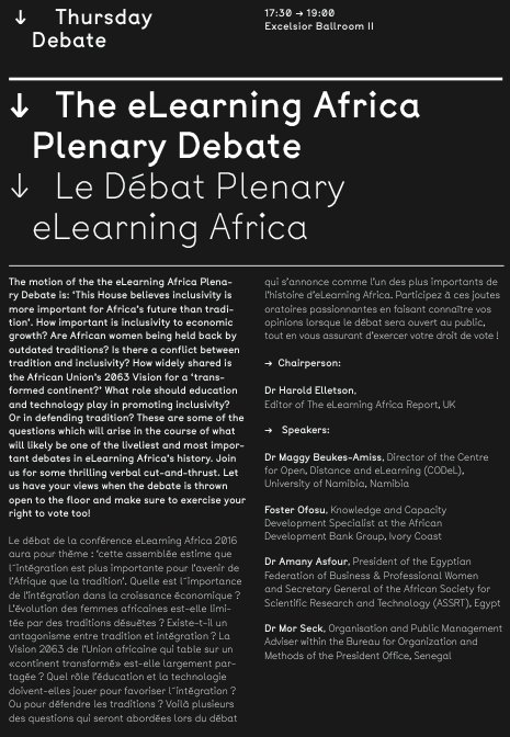 eLAconference's tweet photo. Keen on debating? Have your say at the #eLA16 debate w/ @fofosu @MaggyNamibia (17:30/ Excelsior ballroom II)! https://t.co/NQu40tZtx4