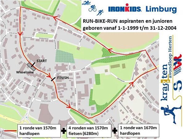 Parcours van de korte &amp; lange afstand RUN-BIKE-RUN op 4 juni in Roermond! kragtenavondloopherten.nl <a href="/GoforGoldKids/">Go for Gold Kids</a>