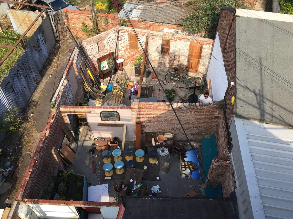 A work in progress <a href="/Man_Bites_Frog/">ManBitesFrog</a> outdoor seating area and cinema! Many summer eves to be spent here! #chorlton