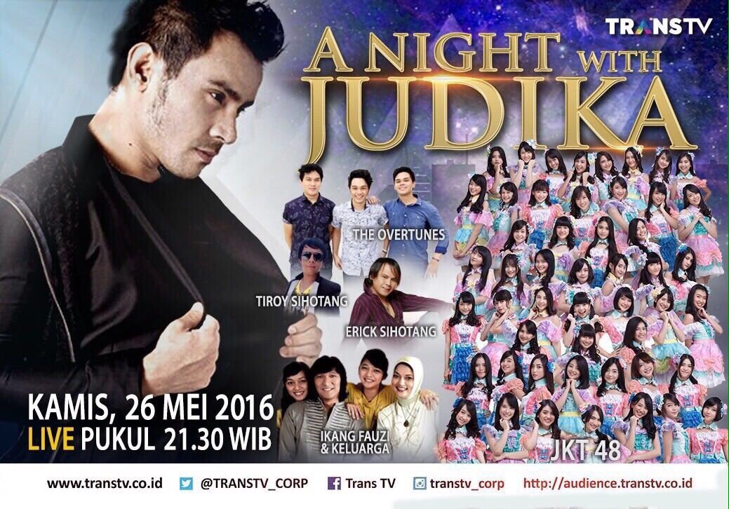Mlm ini ANW Judika <a href="/judika_transtv/">A NIGHT WITH JUDIKA</a> hadir kembali dgn bintang tamu yg semakin seru, malam ini jam 9.30 <a href="/Judikajude/">Judikajude</a>