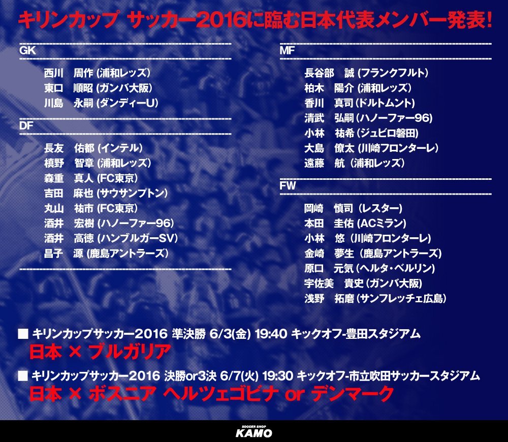 サッカーショップkamo Auf Twitter キリンカップ 16 に臨む日本代表メンバー発表 T Co Pj4lduavbe今回は大島 選手と小林 祐希選手が初選出 キリンカップ 16は準決勝が 6 3 決勝または3位決定戦が6 7に 開催されます