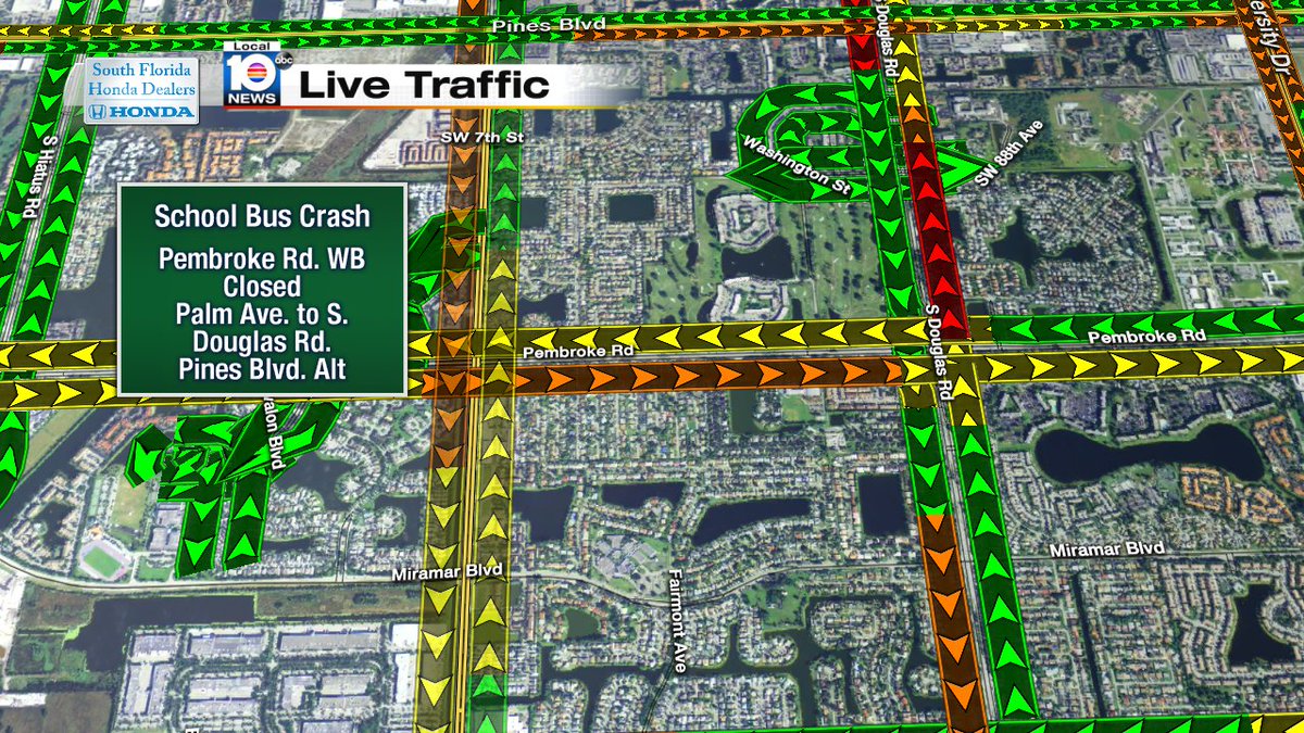 UPDATE: Pembroke Rd. closed WB between S. Douglas Rd. and Palm Ave. due to a school bus crash. Use Pines as an Alt. https://t.co/17oIZoy9HU