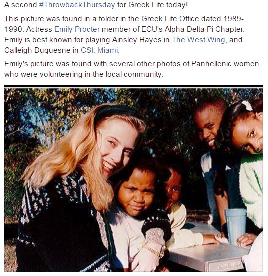 #ECU #ThrowbackThursday 1989-1990. <a href="/emilyprocter/">Emily Procter</a> member of <a href="/ECUADPi/">ECU ADPi</a> volunteering in the community. #PublicService