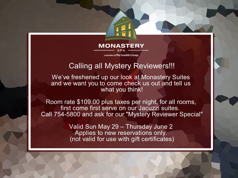 MonasterySpa's tweet photo. A fresh look, a fresh escape!  Mystery Reviewer Special $109 Jacuzzi suites - Tell us what you think of our updates! https://t.co/O6S7JhChRz