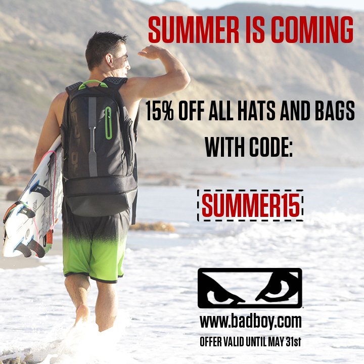 15% off all hats and bags with code SUMMER15 on badboy.com