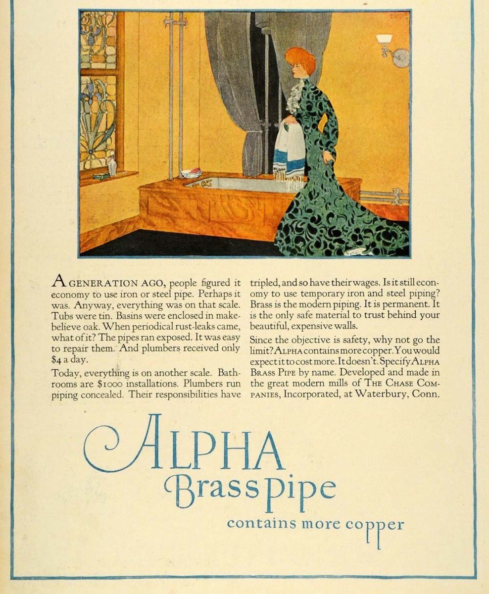 changeURbathrm's tweet photo. Alpha Brass Pipe "Today, everything is on another scale..." #ad #original #print #1926 #edwardian #bathroom #design https://t.co/CfTcfG1Puw