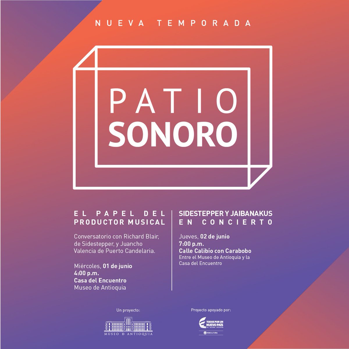 museodantioquia's tweet photo. ¡La ciudad suena en el Museo!
Regresa #PatioSonoro con @Sidestepper_net y @jaibanakusmusic: https://t.co/jVdCoiBst3 https://t.co/BWtfuwsmWC