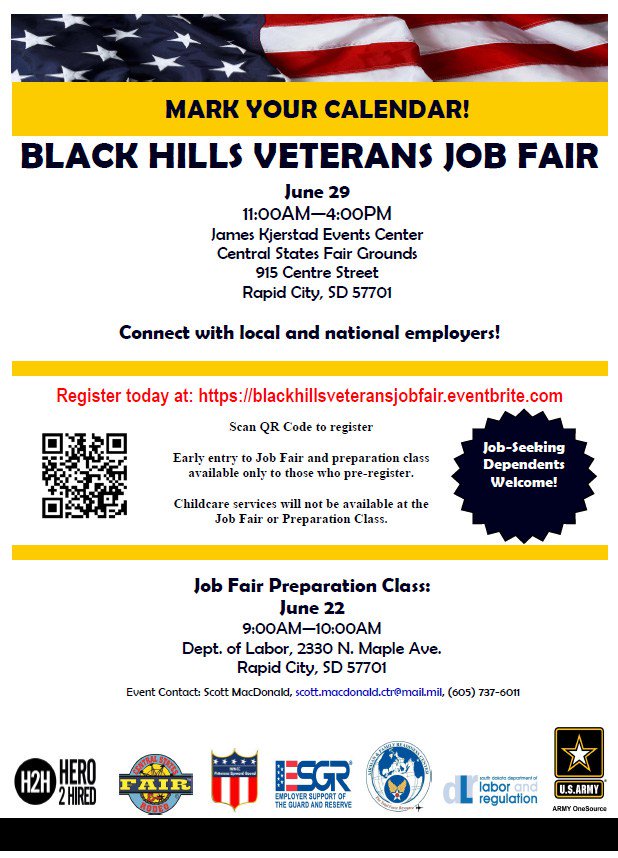 EllsworthAFRC's tweet photo. Black Hills Veterans Job Fair – 29 June https://t.co/6SZl2Vvzdj https://t.co/Nhi5Rcl9Bg
