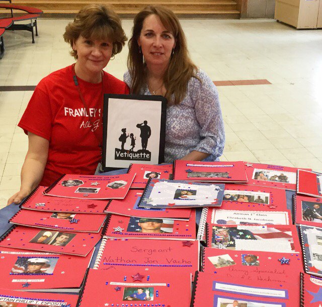 WOSnews's tweet image. #mrslukeWOS &amp;amp; #vetiquette creator Maureen Kelly w/books made by WOS students for soldiers&apos; families #MemorialDay