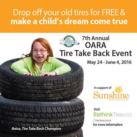 Tire Take Back begins today! Donate your tires to the Sunshine Foundation to help kids with a disability or illness.