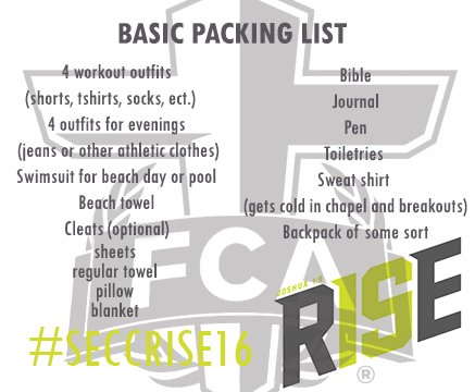 FcaSecc's tweet image. Also... REVISED packing list! We forgot the sheets, but don't want you to! (or sleeping bag) #seccrise16