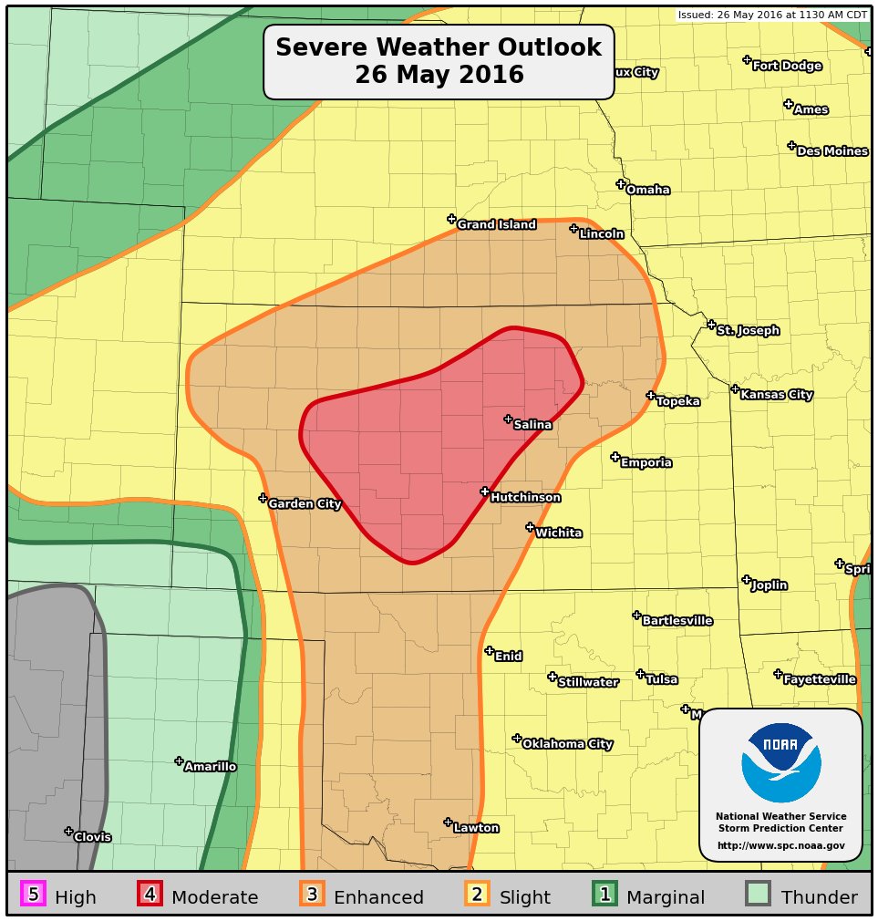 NWSSPC's tweet photo. 11:48am CDT #SPC Public Severe Weather Outlook #PWO concerning #kswx #newx #okwx https://t.co/yxW5XKJfbh https://t.co/WDOI9GSrF4