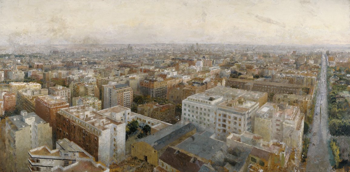 MuseoThyssen's tweet photo. Densidad es la palabra con la que el pintor recuerda su impresión de Madrid desde la Torre Iberia #RealistasThyssen https://t.co/SIgVH3Dfh0