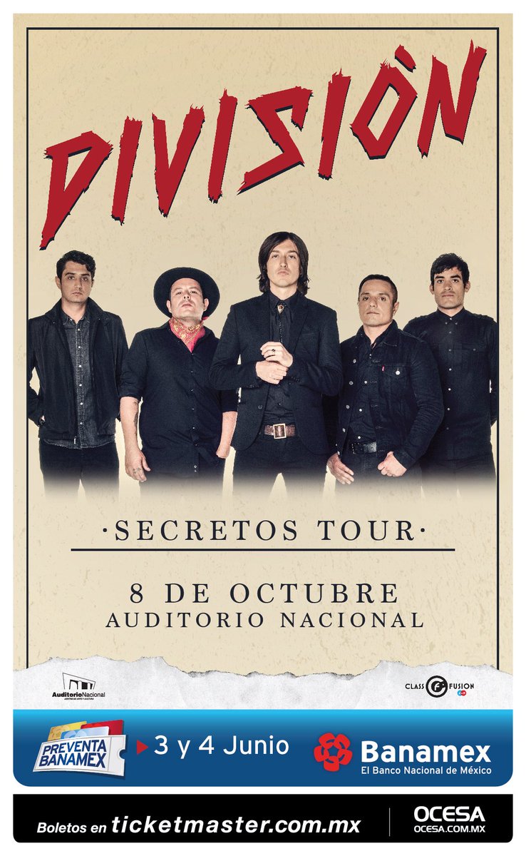 DivisionOficial's tweet photo. #SecretosTour:

* 8 de octubre, @AuditorioMx 
* 9 de octubre, @teatrodiana 

Preventa: 3 y 4 junio, @TicketmasterME. https://t.co/jOH1lZi2ix