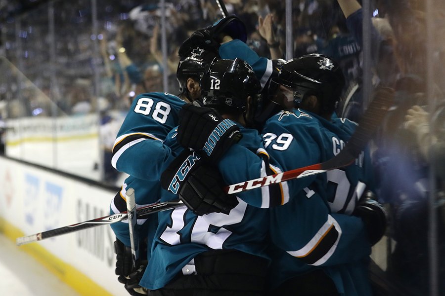 NHLPA's tweet photo. This is what heading to the #StanleyCup Final for the 1st time in franchise history looks like. @SanJoseSharks https://t.co/WTwxXsCpep