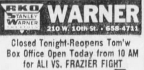 ScribeHard's tweet photo. 1/28/74: Warner Theater (Wilm, DE) didn't screen films so it could show ALI-FRAZIER II on closed circuit. #NetDE https://t.co/YkHbd5UZHg