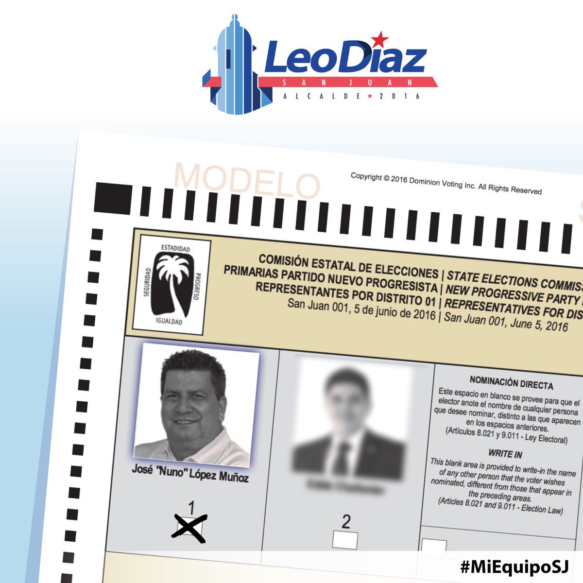 leodiazurbina's tweet photo. Este domingo 5 de junio vota por tu Rep. @NunoLopez2016. #Precinto1 #MiEquipoSJ https://t.co/r3g2lSh4HS