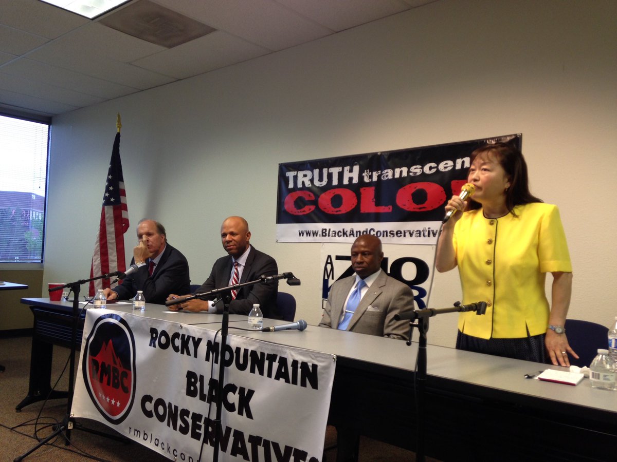 CPRverlee's tweet photo. Libertarian candidate Lily Tang Williams addressing Rocky Mnt Black Conservatives' #cosen forum. #copolitics https://t.co/E6lCfwmsQw
