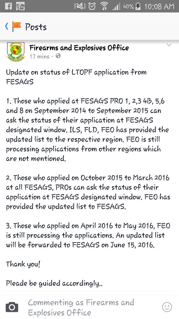 FEOPNP's tweet photo. Update on status of LTOPF application from Region @PNP_PCRG https://t.co/S1lu59Wgpm