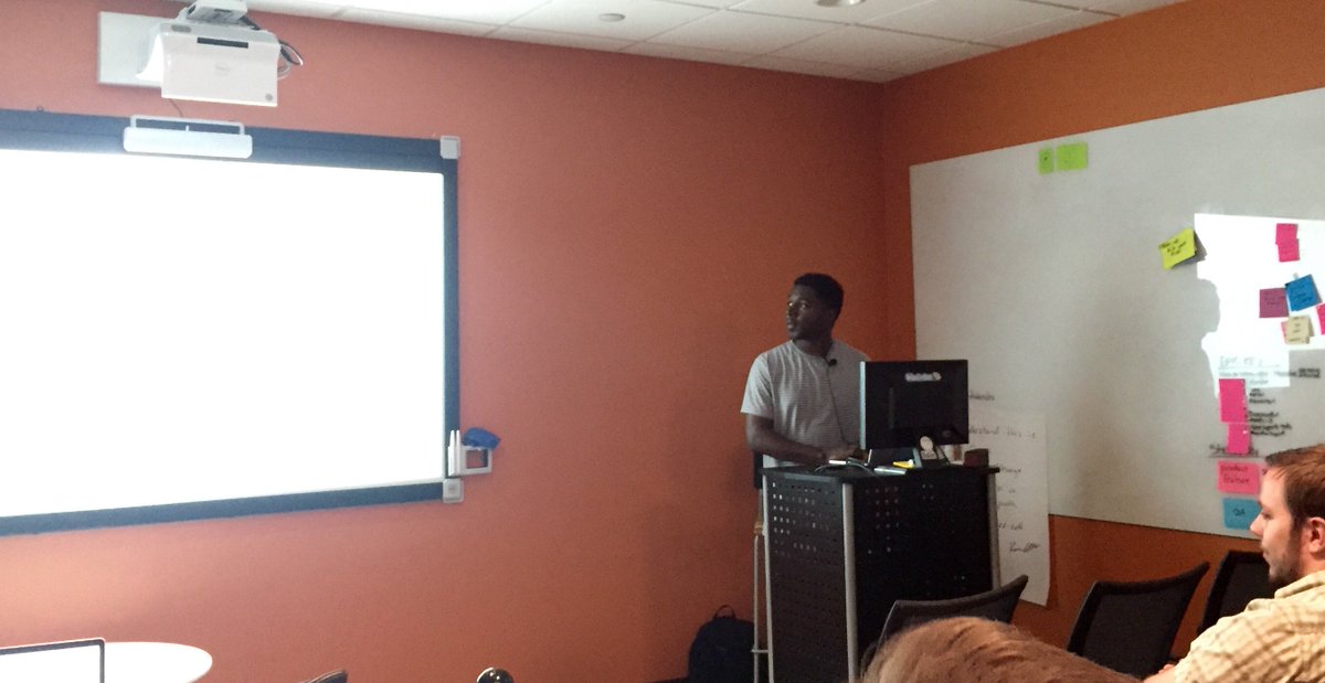 trianglejs's tweet image. Watching @TirellMckinnon talk on @reactjs ecosystem at @DudeSolutions. Lots of powerful tools being discussed.