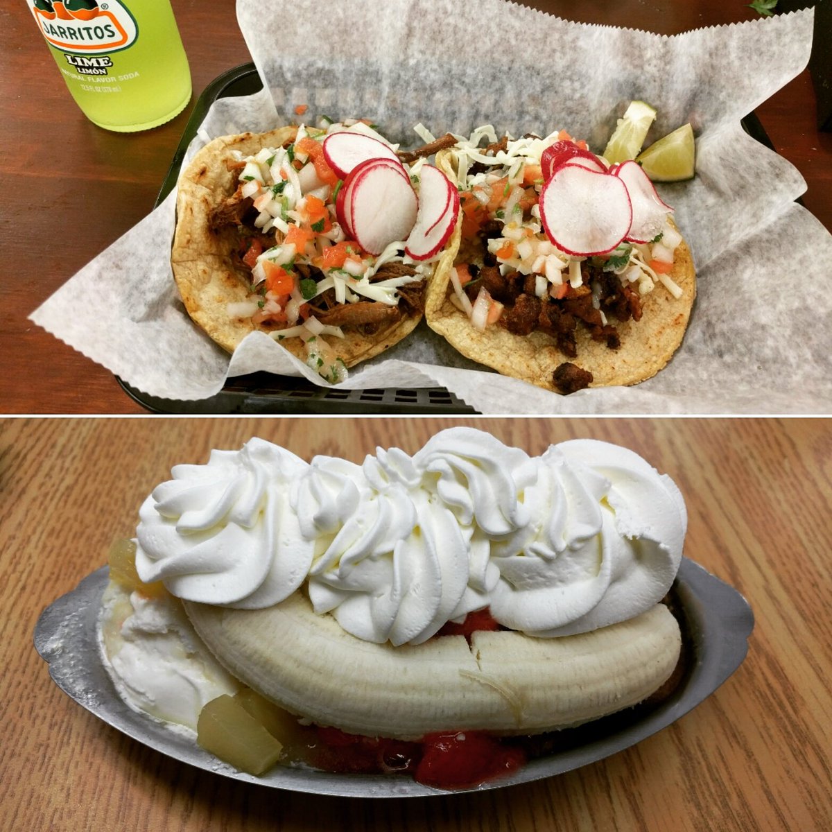 Top half of photo is a pair of tacos (one pork & pineapple, one beef brisket, both with all the fixings) along with a Jarritos lime soda. Bottom half of photo is a different venue with a banana split.