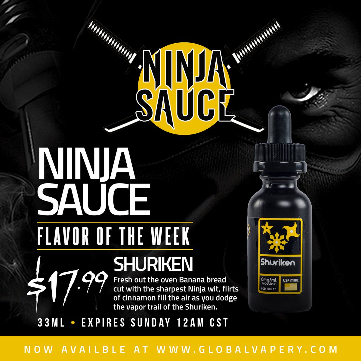 GlobalVapery's tweet photo. SHURIKEN is Happening. #Flavoroftheweek #bananabread #breakfastclub @NinjaSauceMN https://t.co/vnZZXYgw1w