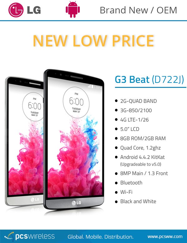 PCSWireless's tweet image. #LG #G3 Beat - Brand New | Android 4.4.2 Kit Kat, 8GB ROM, 5.0" LCD, 8MP Main More models: bit.ly/1CBfrzi