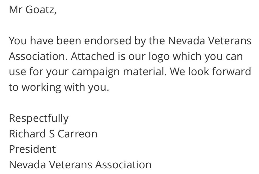 GoatzEsq's tweet photo. Honored to receive the endorsement of the Nevada Veterans Association. #VoteGoatz https://t.co/tx8EfZH5JU