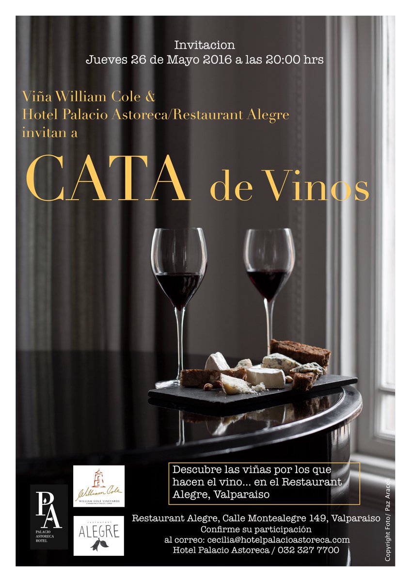 palacioastoreca's tweet photo. Hoy primera edición de Cata de vinos con las viñas William Cole en nuestro @AlegreRest. #hotelpalacioastoreca #Valpo https://t.co/ap5QCqXKOk