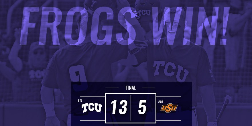 TCU_Baseball's tweet image. Big 8th propels TCU to a 13-5 victory. Horned Frogs advance in the winner’s bracket, will play Saturday. #GoFrogs