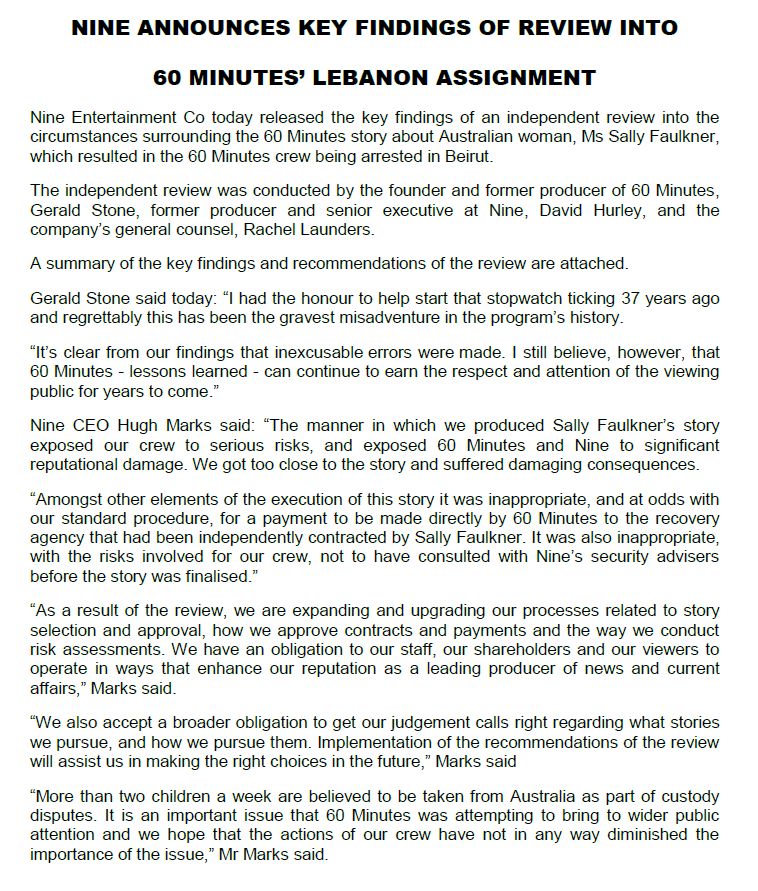 ABCmediawatch's tweet photo. Channel Nine findings into the #60mins snatch case.Veteran Producer Stephen Rice leaving immediately #MediaWatch https://t.co/LYJHoIY1l2