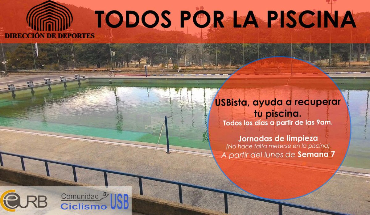 FCEUSB's tweet photo. Ayuda a recuperar tu piscina. Jornadas de limpieza todos los días a partir de las 9:00am. #DeportesUSB #USBve https://t.co/TQruURXzPb