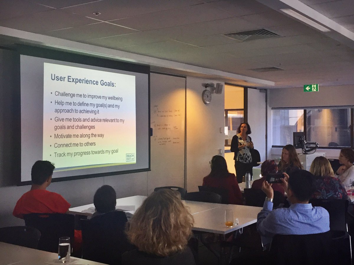 PhilippaCollin's tweet photo. @ReachOut_AUS Gil Vogl shares innovation in delivering. Design via UX #appsforwellbeing @yawcrc @pennyhagen https://t.co/kUzsLDfOEJ