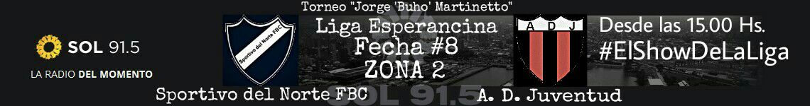 Domingo 29 desde las 15.00 hs por @fmsol915 
Fecha #8 - Zona 2
#SportivoDelNorte vs #ADJuventud
#LigaEsperancina