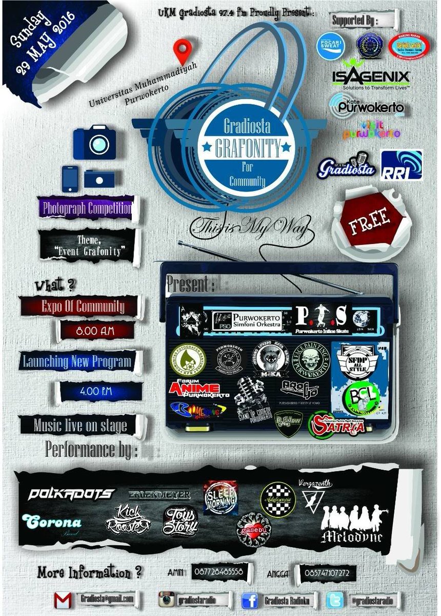 minggu tanggal 29 mei 2016 kita ada di @GradiostaRadio Universitas Muhammadiyah Purwokerto.. on stage 21.00
See ya!!