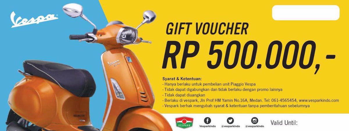PameranOtoMedan's tweet photo. Dapatkan gift voucher senilai Rp. 500.000 dari Vespa bagi 500 pengunjung pertama setiap harinya! #POM2016 https://t.co/t6R6FVLEfI