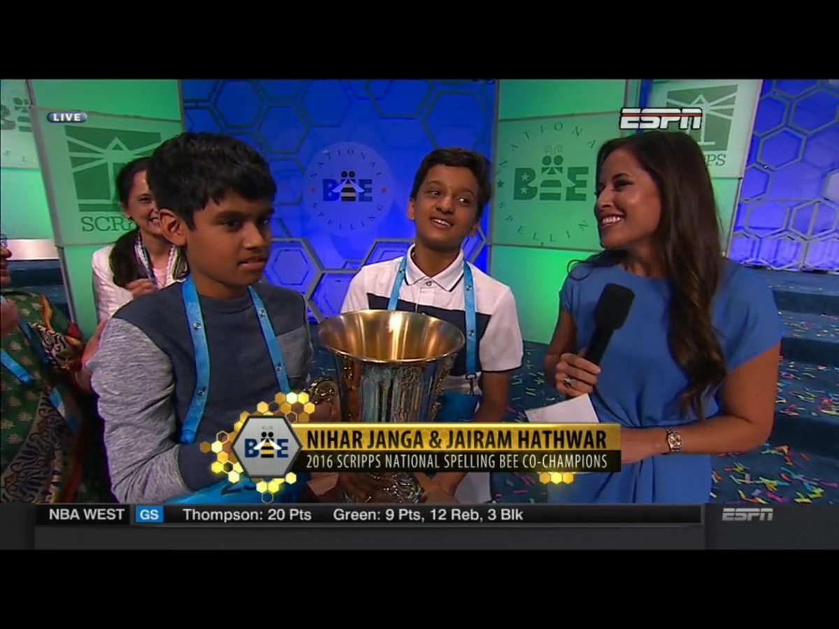thedjmichaelj's tweet photo. Nihar S. #Janga and Jairam J. #Hathwar, co-champs in the annual @ScrippsBee, receive their trophy. #SpellingBee. https://t.co/u7G3uN5Oue