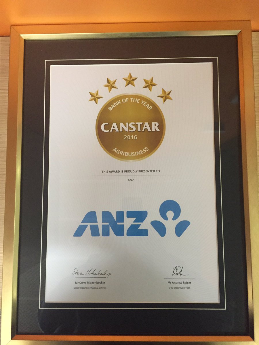 Pleased to announce <a href="/ANZ_AU/">ANZ Australia</a> Regional Aus team has won @CANSTAR 2016 Best Agribusiness Bank. Well done to our staff!