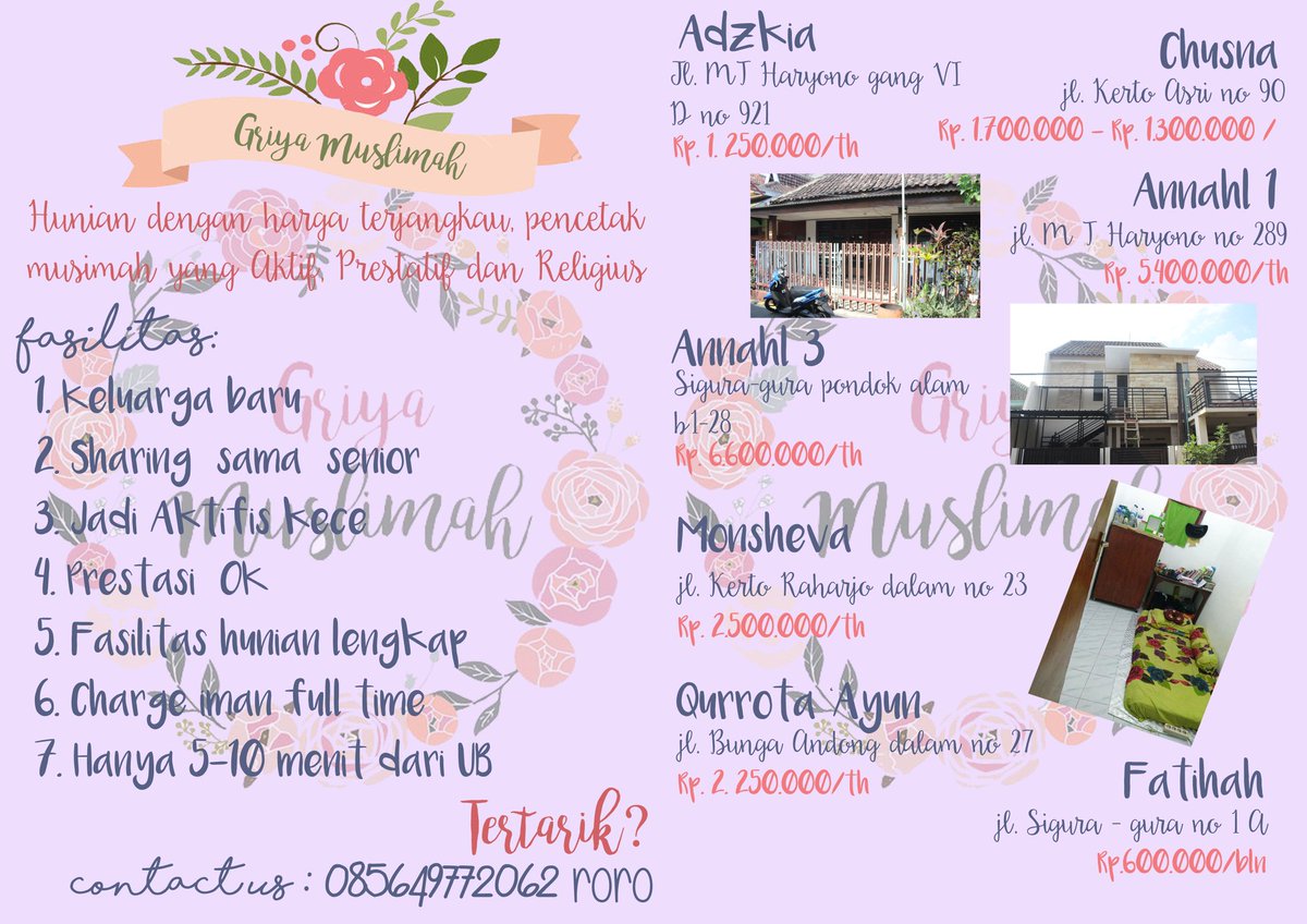 salmalfata's tweet photo. Hai guys, kamu muslimah? 👰🏼 
Keterima kuliah di UB? 🏤 Belom dapet kos?🏠
Mending join aja di kontrakan griya muslimah https://t.co/imu0jJ6D2x
