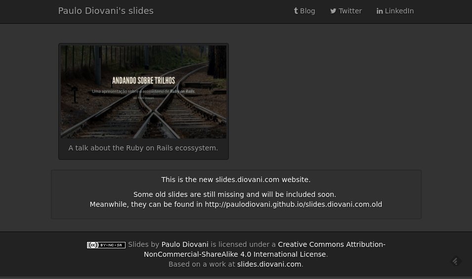 paulodiovani's tweet image. Meu novo site de slides no ar.

slides.diovani.com
#revealjs